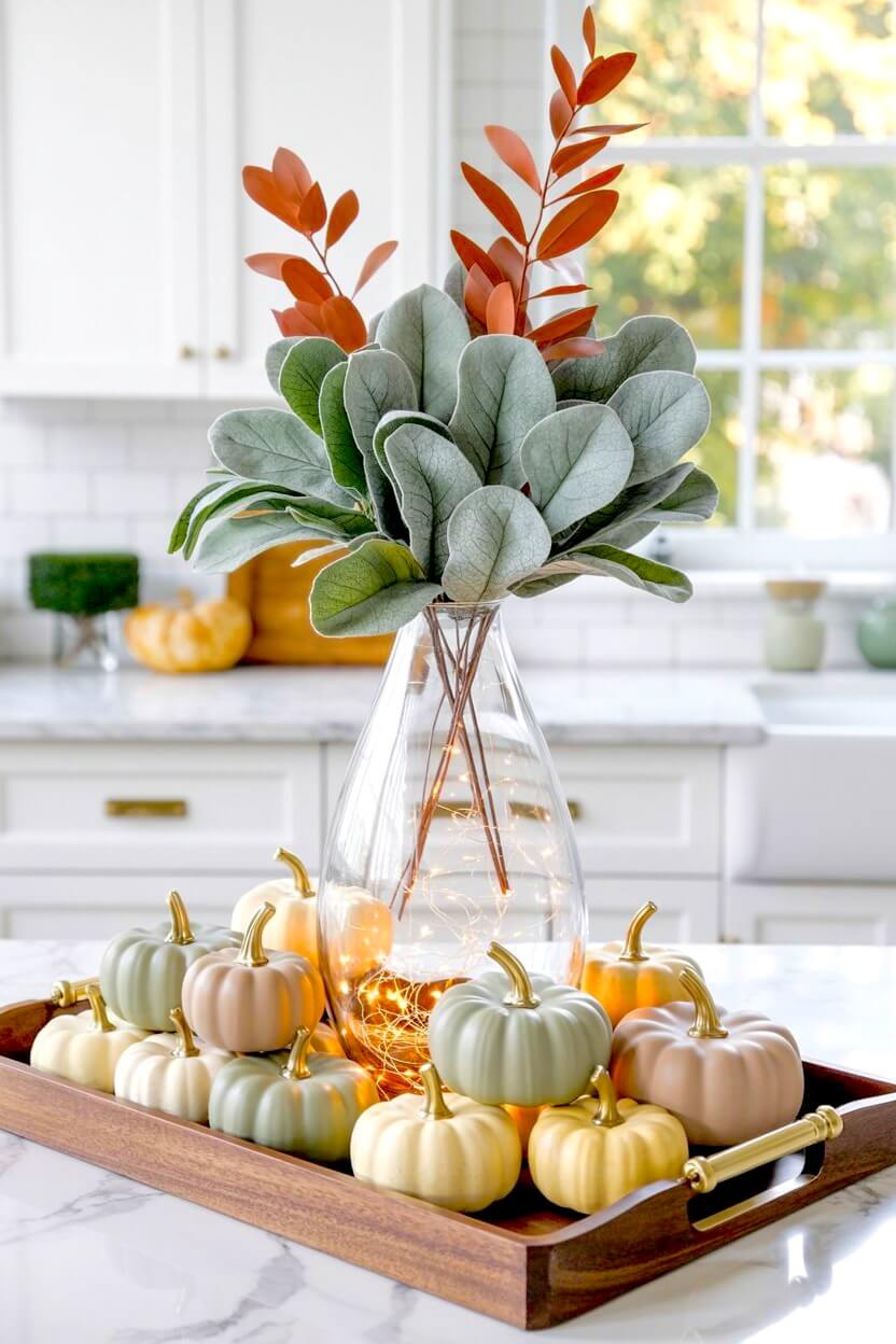 Large wooden tray holding a cluster of pastel green pink and yellow mini pumpkins around a clear glass vase illuminated by copper fairy lights for harvest decor.