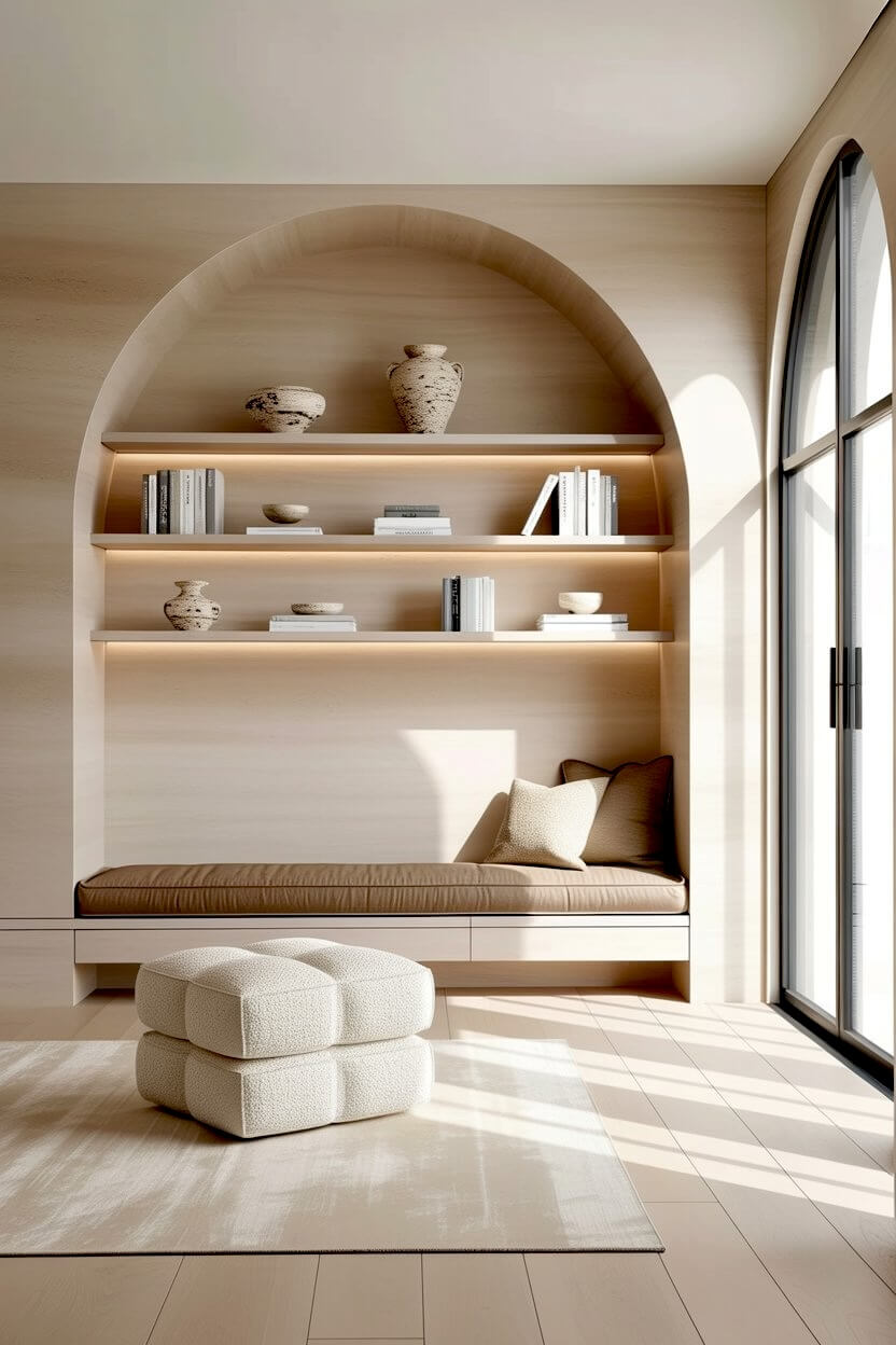 Arched wood shelving nook with neutral pottery decor, a built-in upholstered bench, and a white tufted block ottoman offering chic minimalist, high-end room looks.