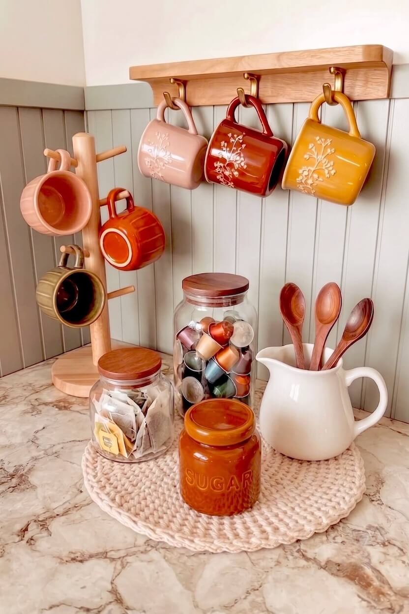A wooden mug tree organizes colorful ceramic mugs beside glass jars filled with coffee pods and tea bags, creating autumn seasonal beverage station designs.