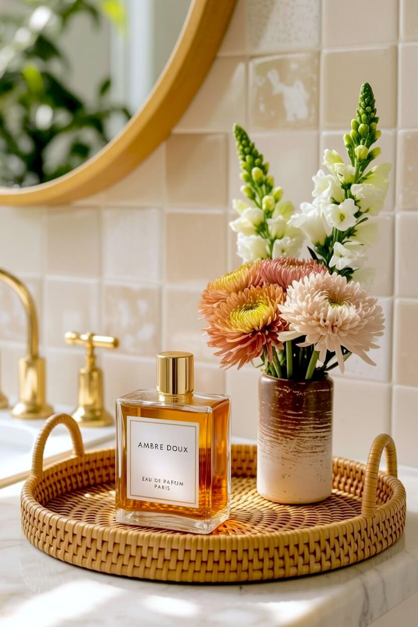 A woven tray on a marble counter displays a glass perfume bottle and a textured ceramic vase holding pink and white flowers for luxury fall vanity decor.