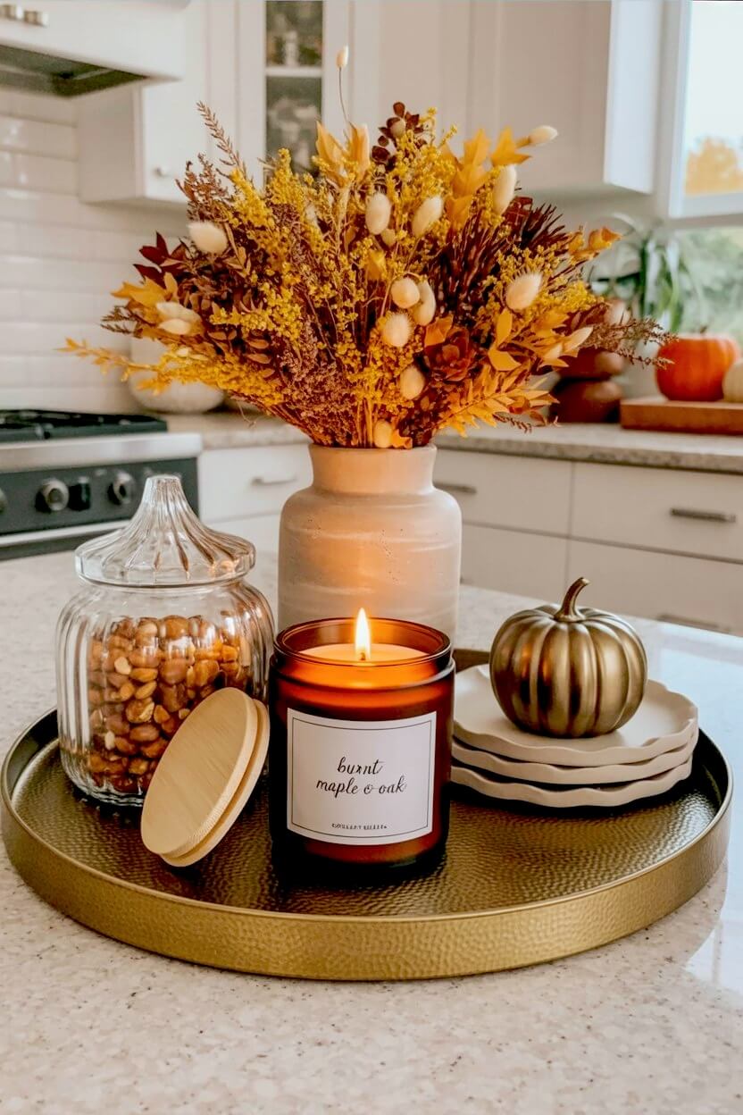 Brass circular tray featuring a ribbed white vase overflowing with dried yellow meadow grasses beside a dark glass candle and brass pumpkin for cozy fall spaces.