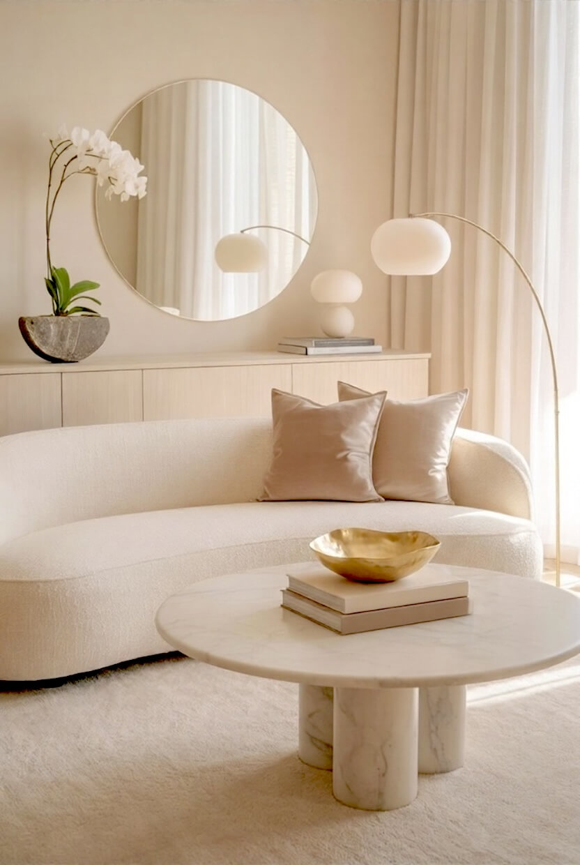 Elegant round mirror behind a soft curved cream couch with satin pillows and a brass bowl on a marble table, displaying plush minimalist elegant lounge aesthetics.