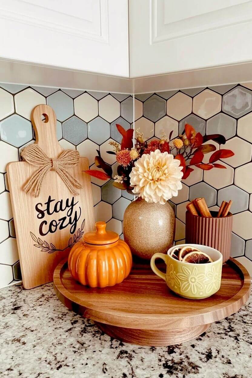 A wooden turntable tray features a "stay cozy" cutting board, an orange pumpkin jar, and a green mug with dried citrus for festive fall coffee counter setups.