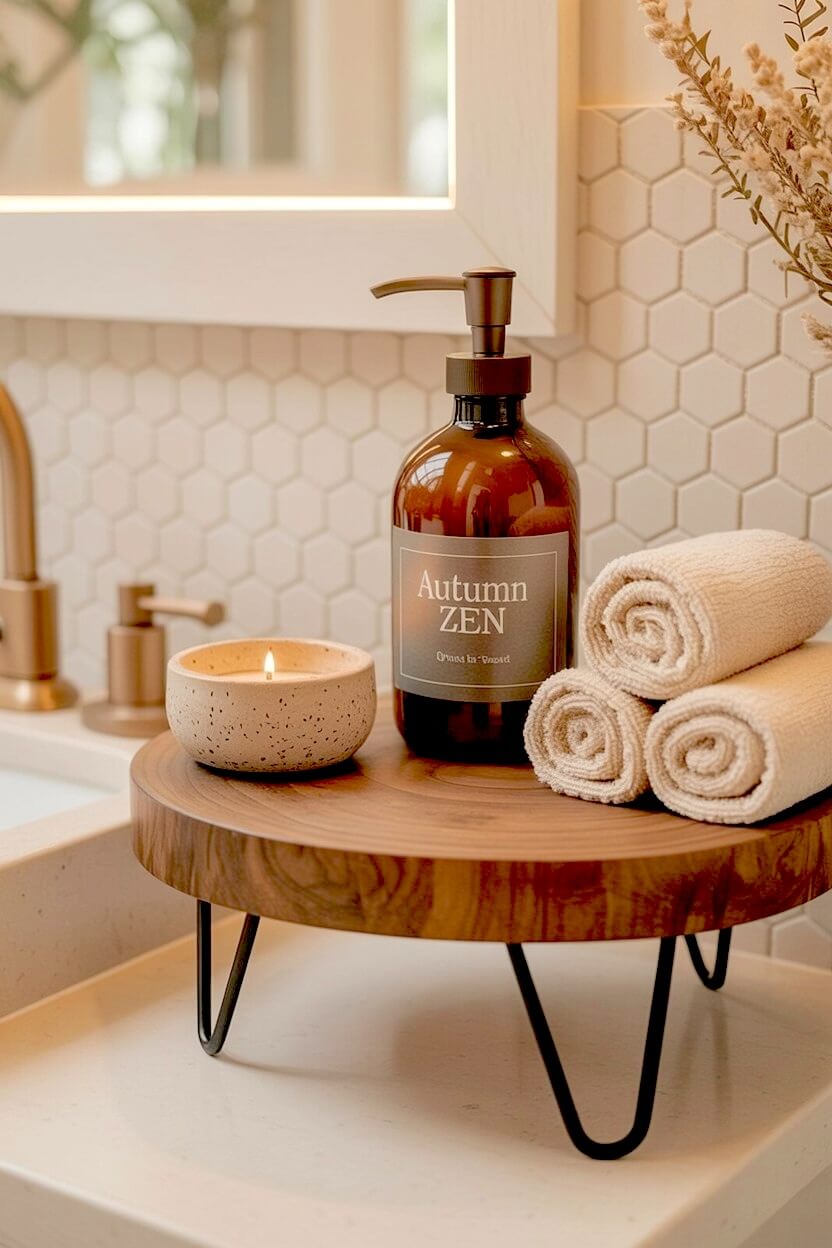 A wooden riser with metal legs holds a brown soap bottle, rolled white washcloths, and a speckled ceramic candle bowl for elevated autumn bathroom styling.