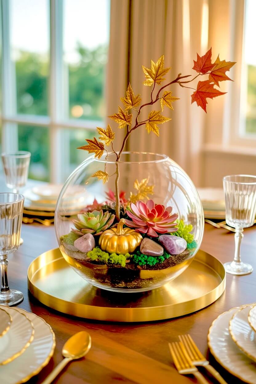 Polished gold platter holding a glass fishbowl terrarium filled with green moss red succulents amethyst crystals and a small gold pumpkin for autumn home styles.