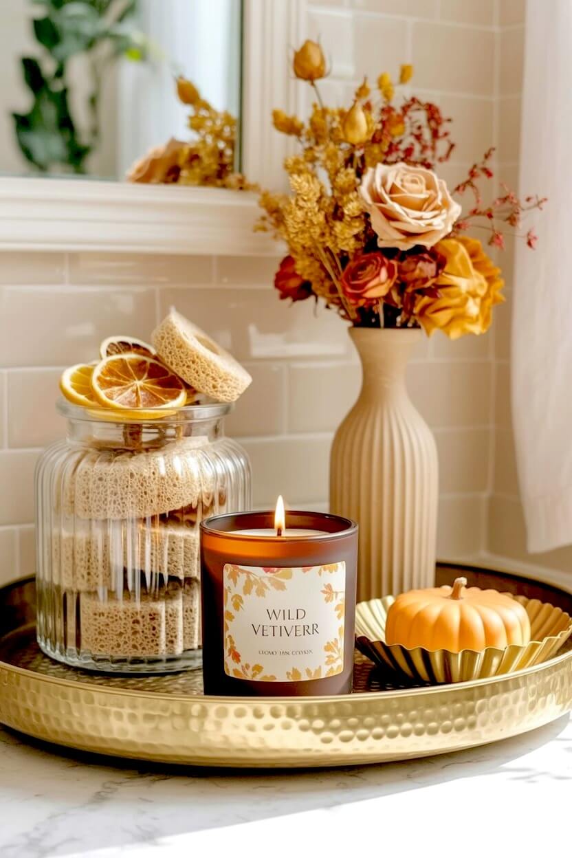 A hammered gold metal tray organizes a jar of loofahs and dried orange slices, a lit brown glass candle, and a vase of dried roses for warm autumn decor.