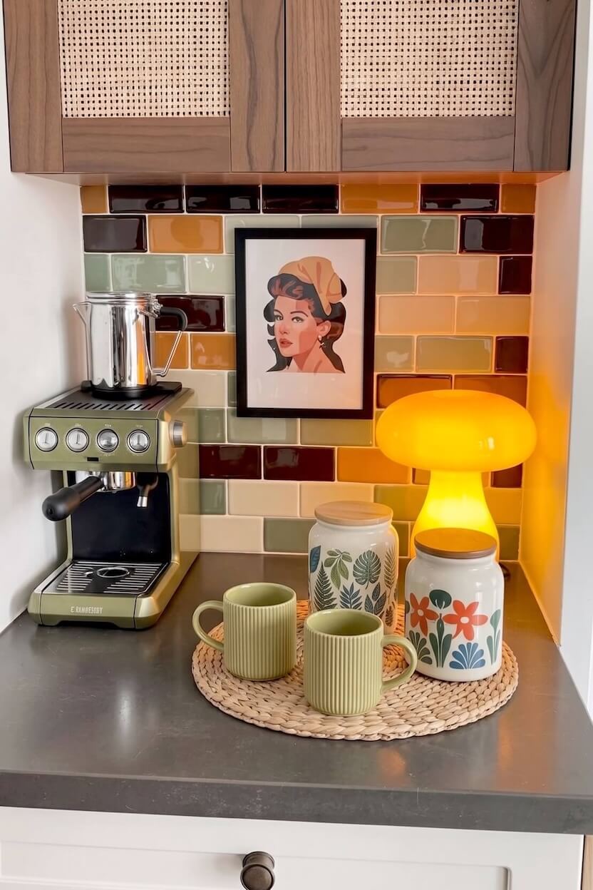 A green espresso machine sits beside a glowing orange mushroom lamp and a botanical print ceramic canister, creating retro autumn coffee brewing station styling.
