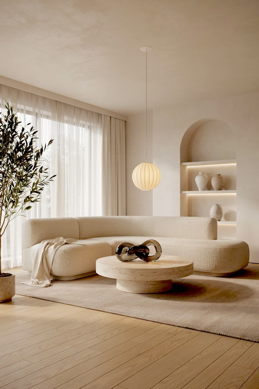 Low-profile rounded beige sectional sofa paired with an oversized paper lantern and dark glass chain-link decor, revealing bespoke minimalist, high-end interiors.