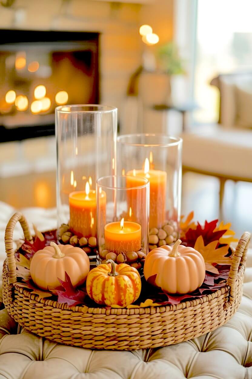 Round woven basket tray layered with red maple leaves holding two pale orange pumpkins and three glass cylinder vases with orange candles for fall living rooms.