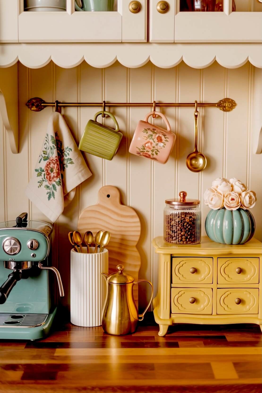 A mint green espresso machine pairs with a yellow wooden drawer chest displaying a glass bean jar and a pumpkin vase for pastel fall season coffee bar aesthetics.