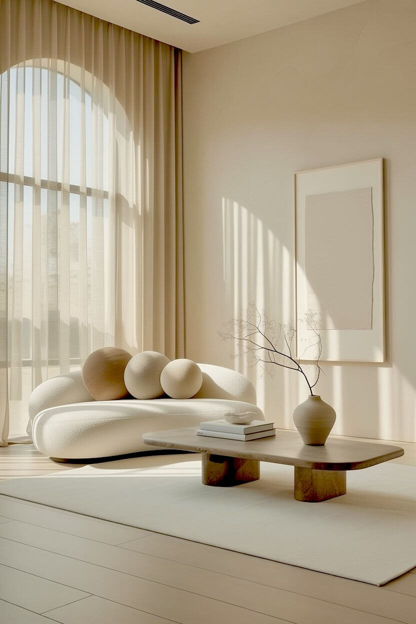 Spherical accent pillows on a white fabric sofa behind a wooden block coffee table and a neutral framed canvas, providing upscale minimalist room inspiration.
