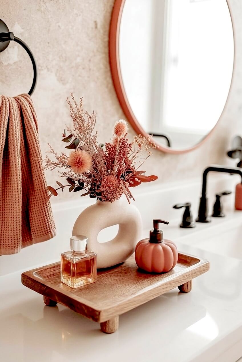 A small wooden footed tray holds a square perfume bottle, a matte pink pumpkin soap dispenser, and a donut-shaped beige vase with dried pink floral stems.