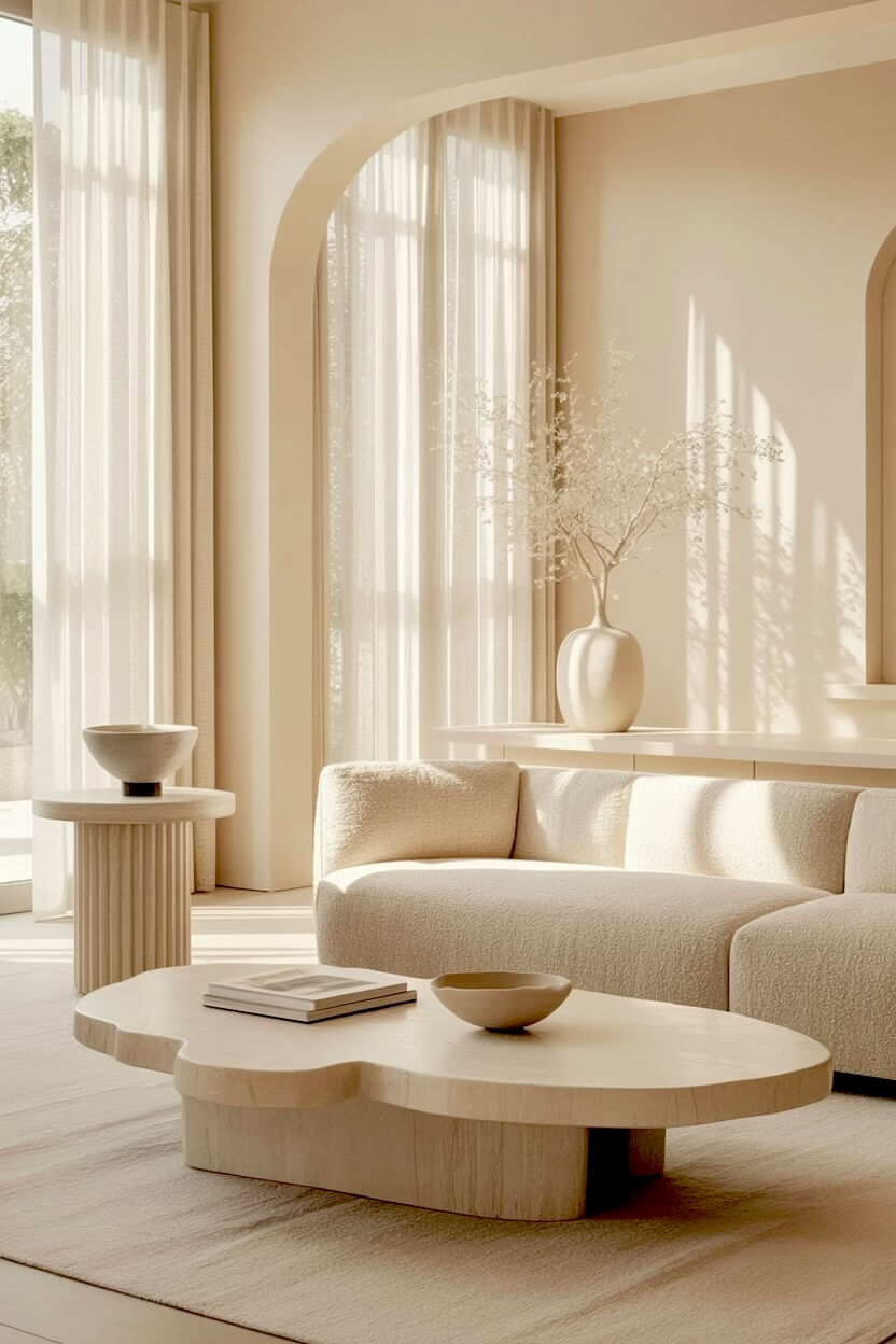 Organic cloud-shaped travertine coffee table centered by a textured cream sofa and a white blooming branch vase to showcase elegant minimalist lounge decor looks.