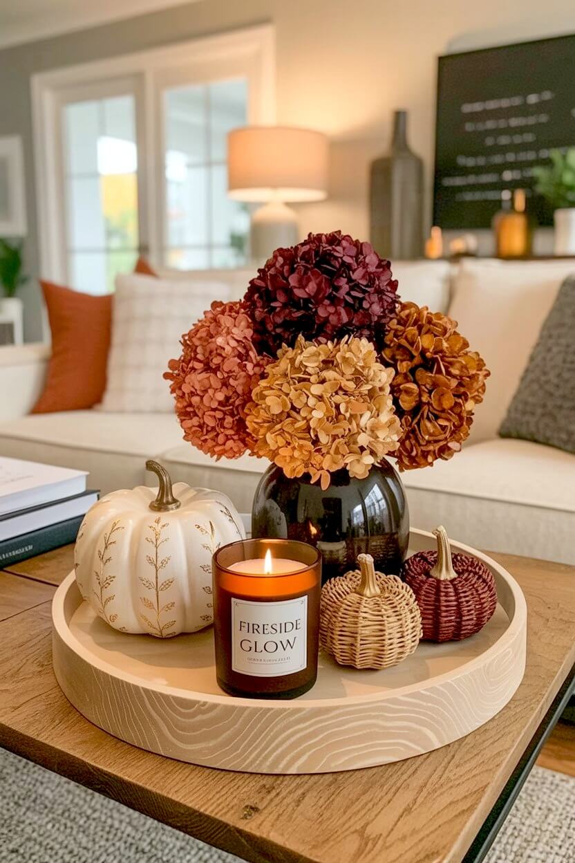 Light wood tray showcasing a dark vase of dried burgundy and rust hydrangeas near a white painted pumpkin and woven rattan pumpkin for autumn coffee table decor.