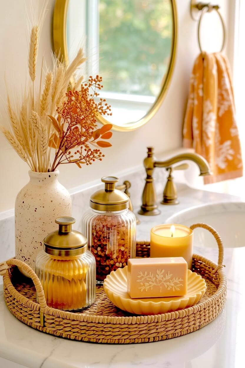 A round woven basket tray contains a lit yellow candle, a speckled ceramic vase with dried wheat, and brass lidded glass jars for an inviting autumn display.