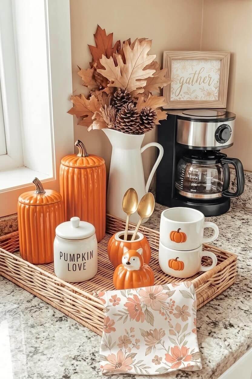 A rectangular woven rattan tray holds tall orange ceramic canisters and stacked pumpkin print mugs, showcasing beautiful fall coffee corner designs.