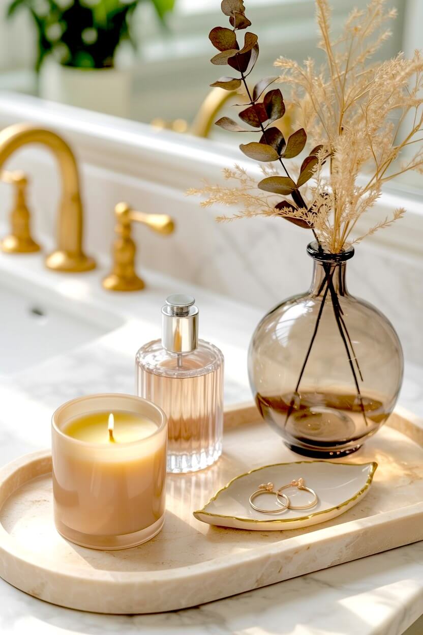 A light beige marble tray features a glowing white candle, a ribbed glass perfume bottle, a gold leaf trinket dish, and dried grass in a dark round vase for a warm minimalist aesthetic.