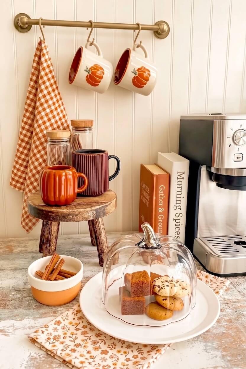 A glass pumpkin cloche displays pastries on a white plate next to decorative books and a small wooden stool for cozy autumn baking and coffee setups.