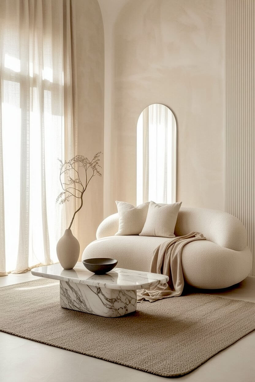 Low pill-shaped marble coffee table placed beside a curved beige sofa and an arched floor mirror in bright natural light, presenting refined minimalist room design.