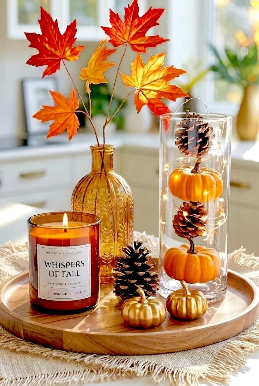 Wooden circular tray featuring a tall glass cylinder with stacked mini orange pumpkins and pinecones wrapped in string lights for creative autumn centerpieces.