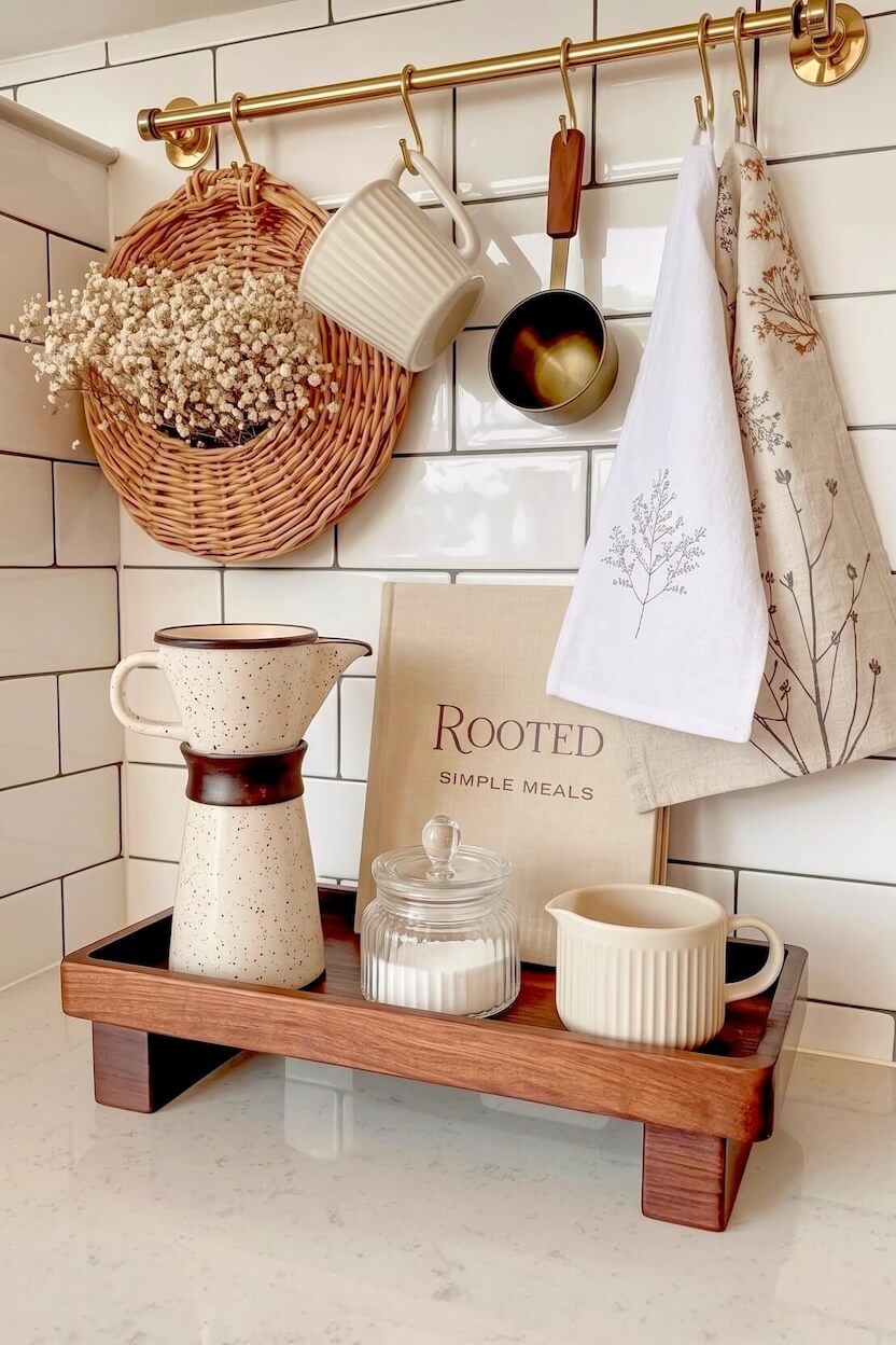 A brass hanging rail displays botanical print towels over a wooden riser tray with a speckled ceramic pitcher and ribbed creamer for autumn coffee station styling.