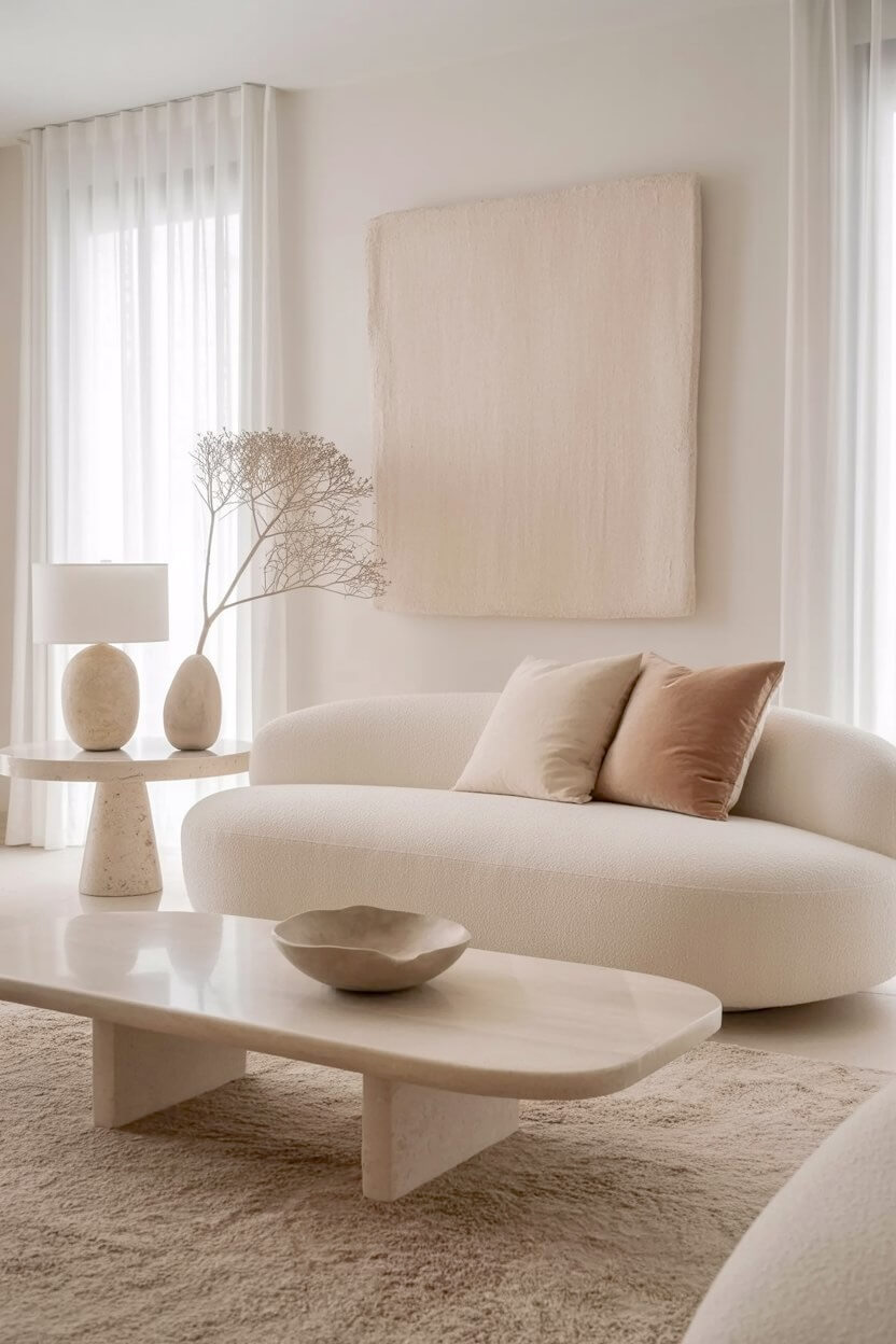 Beige living space featuring a curved bouclé sofa, a thick marble pedestal table, and large textured canvas wall art for upscale minimalist luxury lounge styling.