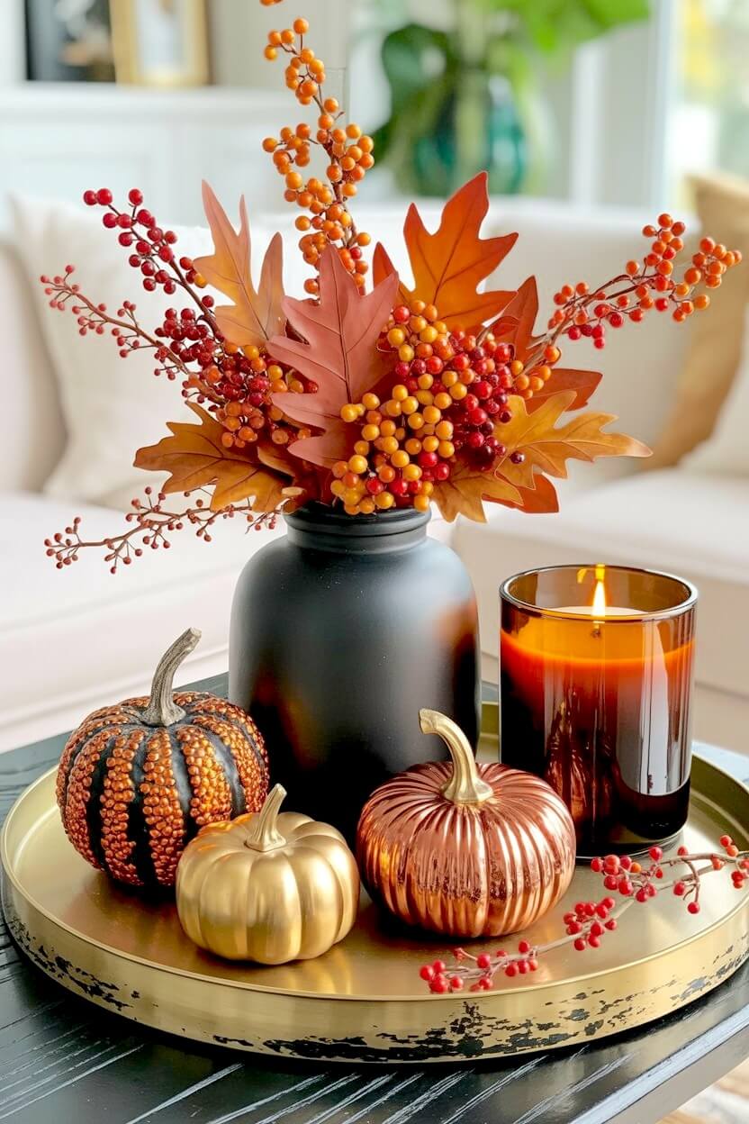 Round gold metal tray featuring a matte black vase with orange faux berries brown oak leaves and three metallic painted pumpkins for autumn table styling.