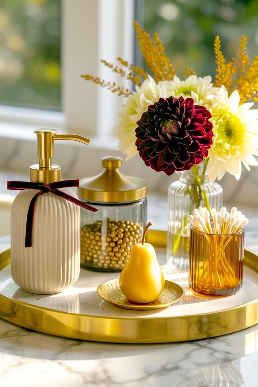 A gold metal tray on a marble surface holds a ribbed white soap dispenser, a yellow pear candle, and dark red dahlias for elegant autumn vanity styling.