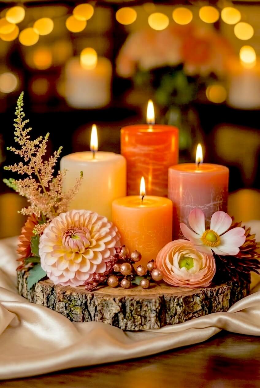 Thick raw wood slice acting as a base for four varying heights of peach colored pillar candles surrounded by fresh pink dahlias and gold berries for rustic decor.