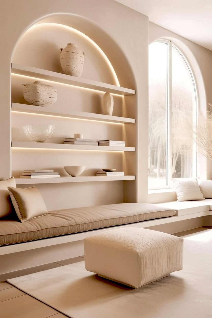 Backlit arched shelves displaying simple neutral pottery over a built-in bench seat and a textured woven ottoman, representing plush minimalist aesthetic room ideas.