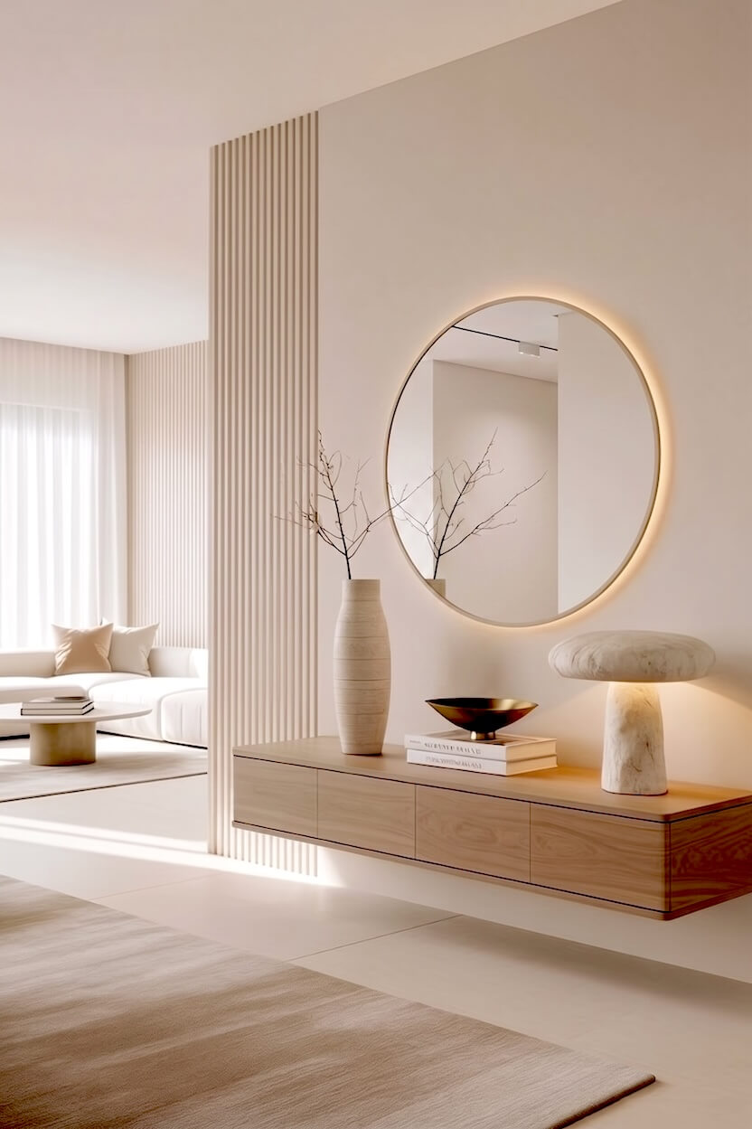 Floating wood console beneath a large backlit round mirror holding a stone mushroom lamp and a tall ceramic vase for gorgeous minimalist, high-end lounge styling.