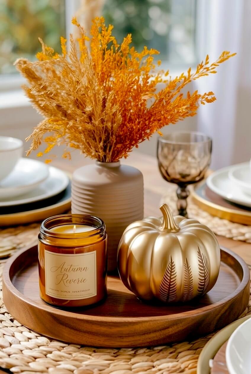 Rich dark wood tray displaying a brilliant metallic gold pumpkin with etched leaf designs next to a beige vase filled with dried orange grass for fall aesthetics.