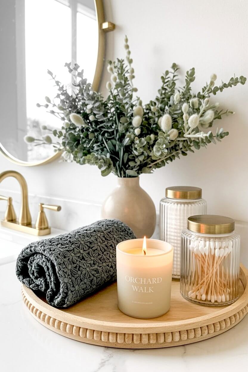 A beaded wood tray displays a dark grey rolled towel, a lit white candle, glass swab jars, and frosted green foliage for a Japandi-inspired neutral fall washroom design.