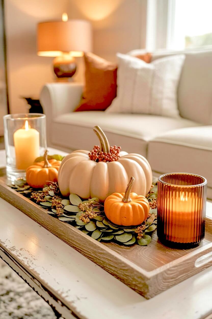 Rectangular wooden tray filled with green seeded eucalyptus leaves surrounding one large white pumpkin and smaller orange pumpkins for cozy fall centerpieces.
