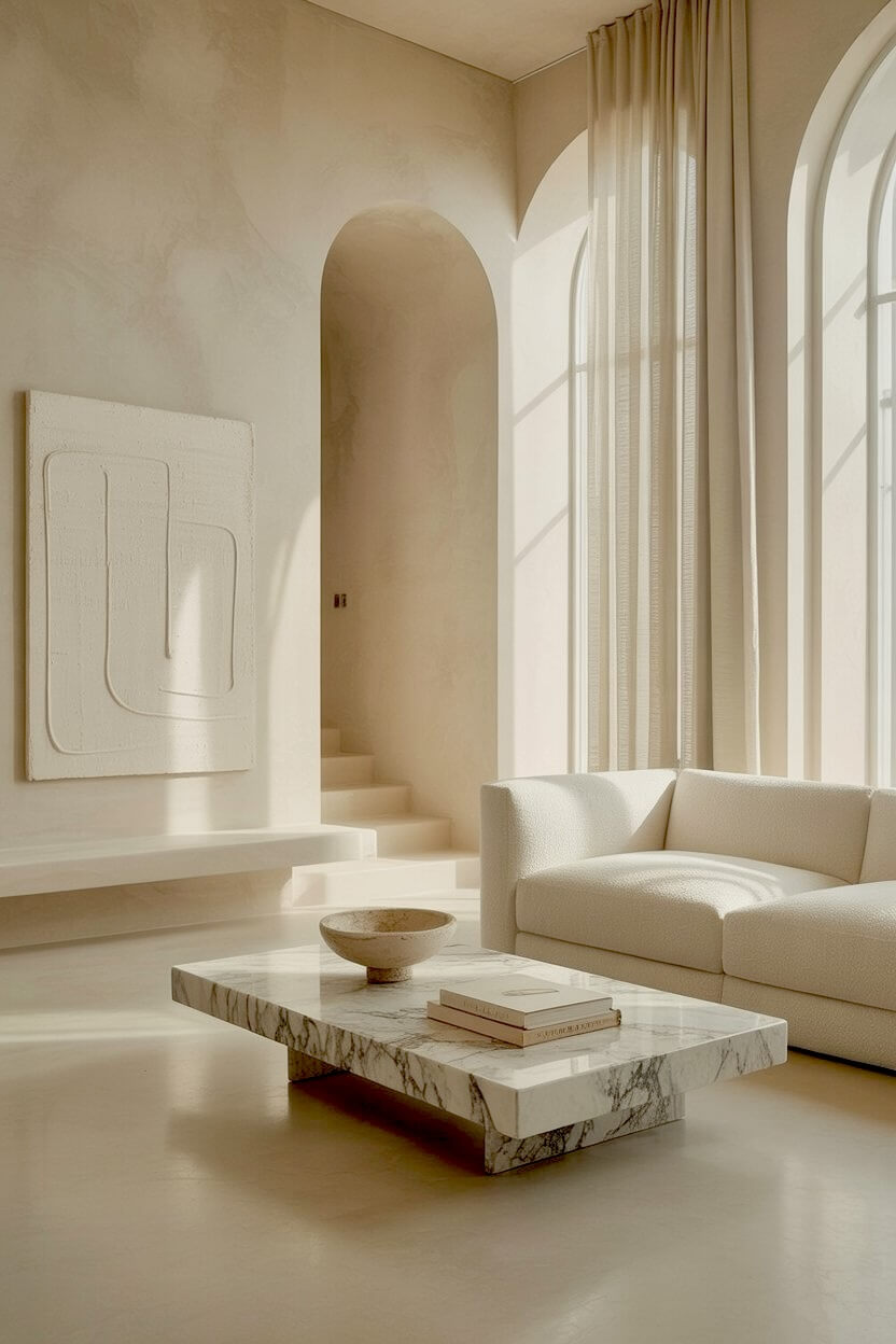 Sunlit beige room showing a solid travertine marble block table, a textured linear art piece, and a modern cream sofa for an elegant minimalist sitting room.