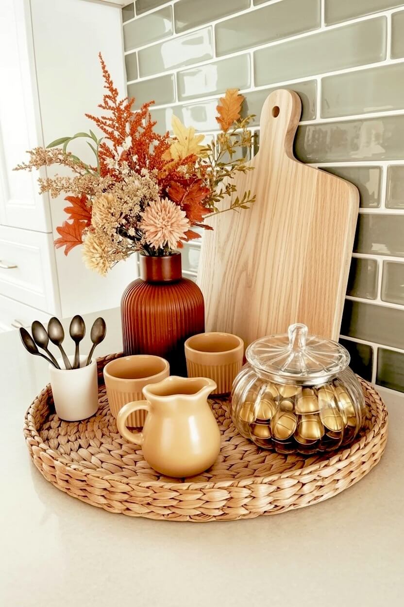 A round woven rattan tray holds a ribbed rust vase filled with dried floral arrangements next to a glass pumpkin pod jar for a cozy fall beverage bar setup.