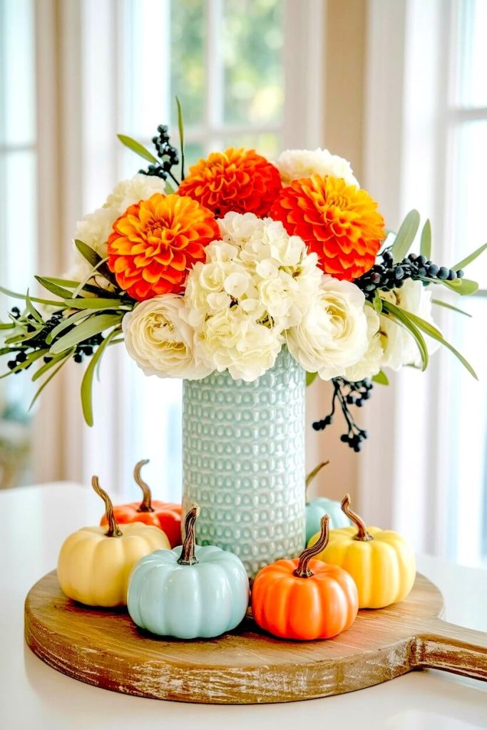 Round wooden board with blue yellow and orange mini pumpkins around a textured vase holding bright orange dahlias for cheerful autumn dining table decor.