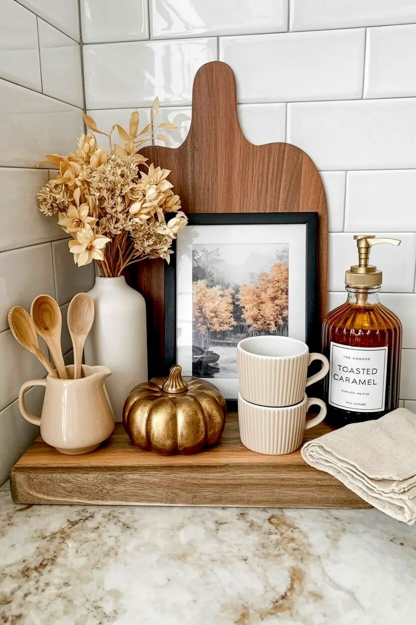 A wooden riser tray displays a metallic gold pumpkin, framed autumn landscape art, and ribbed ceramic mugs, creating beautiful autumn seasonal coffee bar looks.