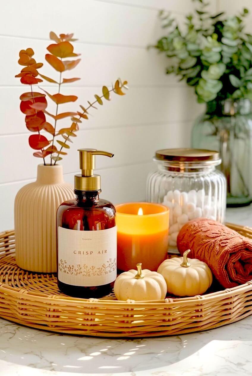A round rattan tray organizes a brown glass soap bottle, two small white pumpkins, a glowing orange candle, and rust foliage for earthy autumn sink styling.