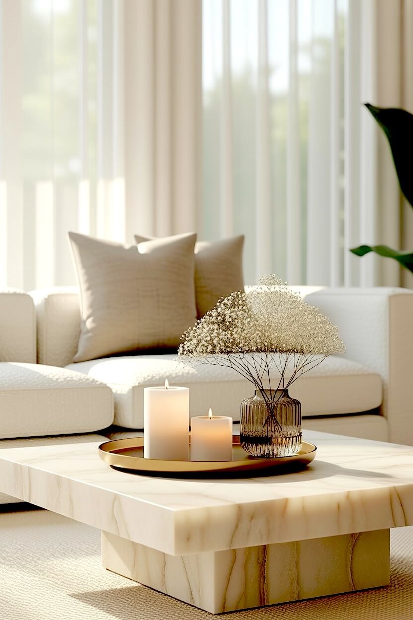 Close-up of a solid marble block coffee table displaying glowing white pillar candles and a fluted glass vase to capture a chic minimalist living area design.
