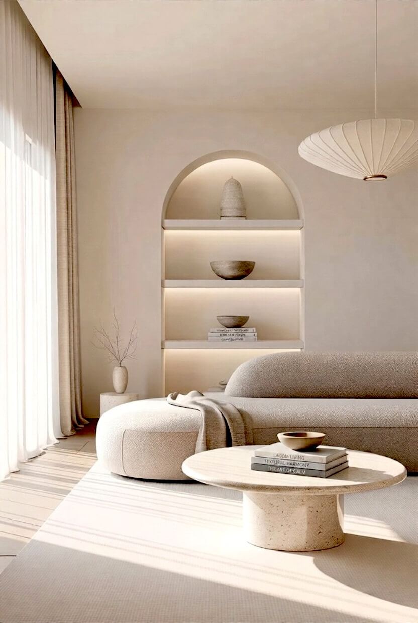 Backlit arched shelves filled with subtle neutral pottery placed behind a rounded beige fabric sofa and a round stone table in a premium minimalist room setup.