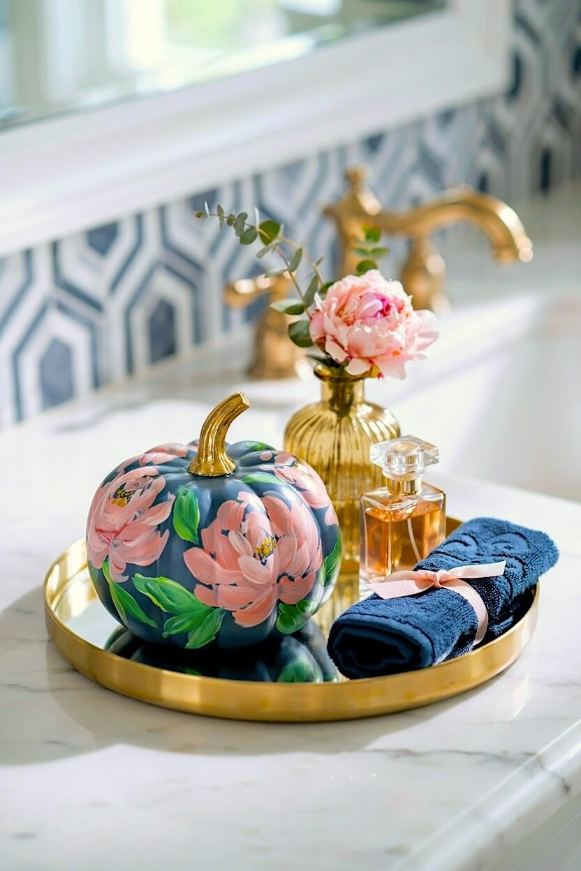 A gold mirror tray features a dark blue pumpkin painted with pink flowers, a rolled navy towel, and a glass perfume bottle for an elegant, modern, luxe autumn bathroom.