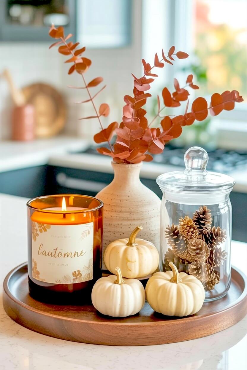 Dark walnut wood circular tray containing three white mini pumpkins an amber glass candle jar and a ceramic vase with rust brown eucalyptus for harvest tables.