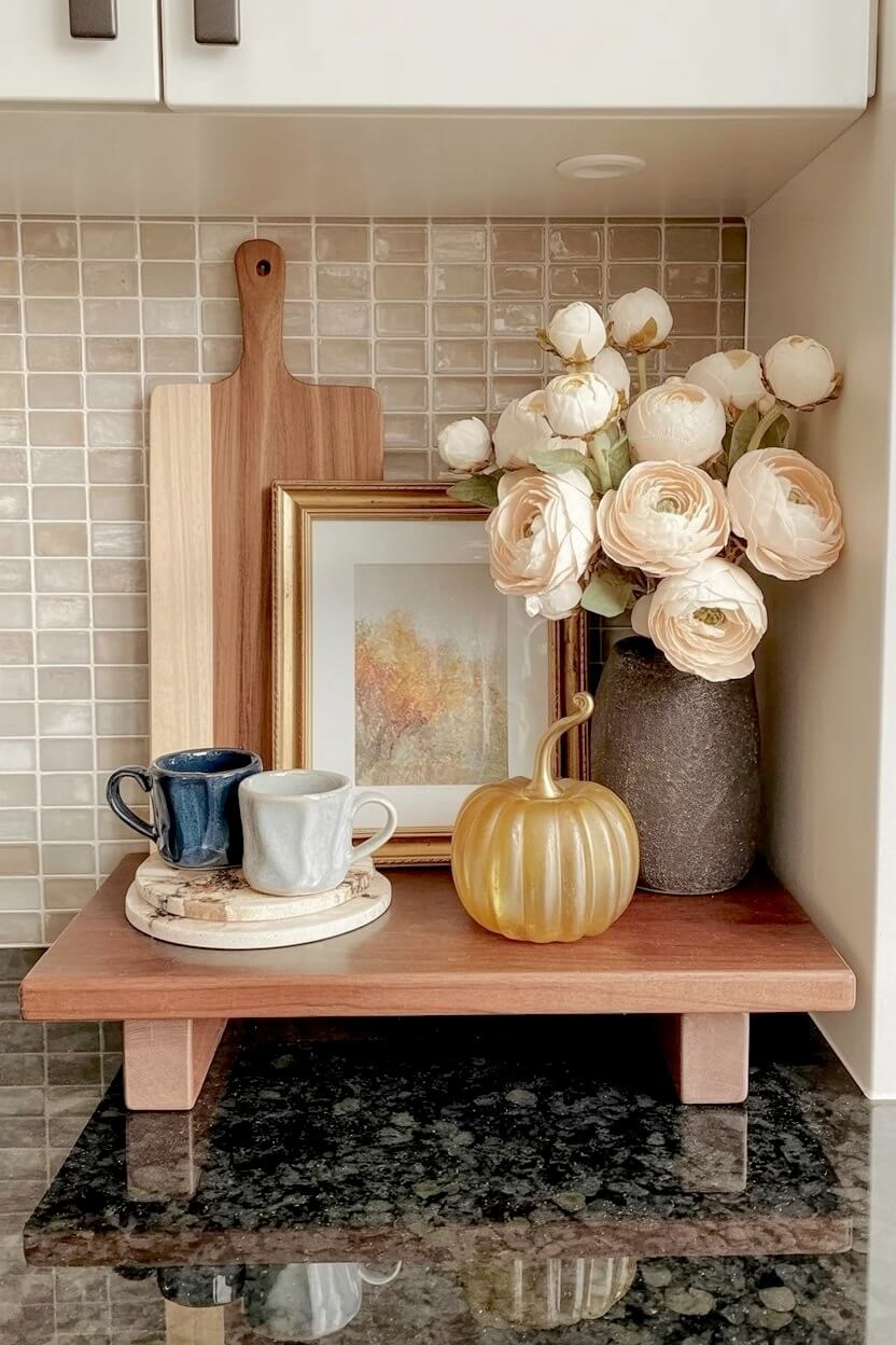 A dark textured vase filled with pale peach flowers sits beside a yellow glass pumpkin and gold framed art to inspire warm autumn coffee nook ideas.