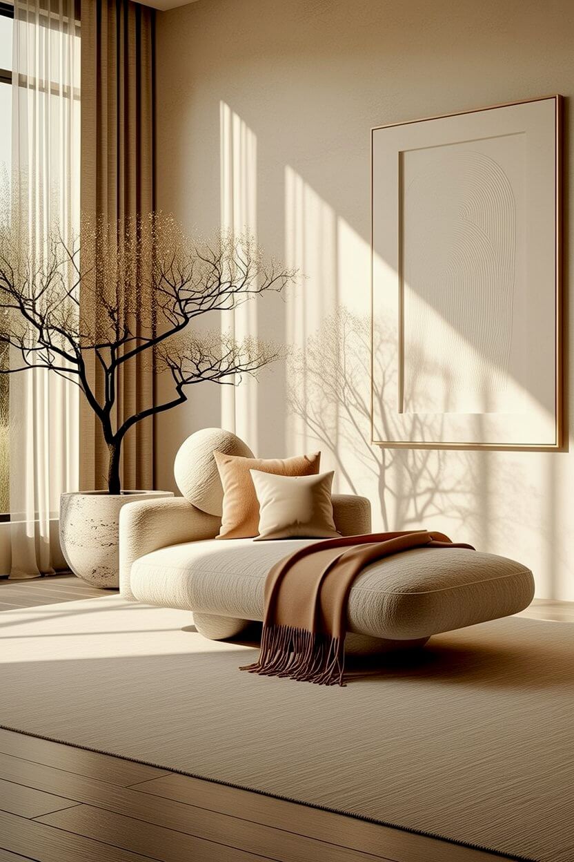 Low curved beige chaise lounge paired with a planted bare tree and a tall framed blank canvas to achieve an open, high-end minimalist aesthetic living space.