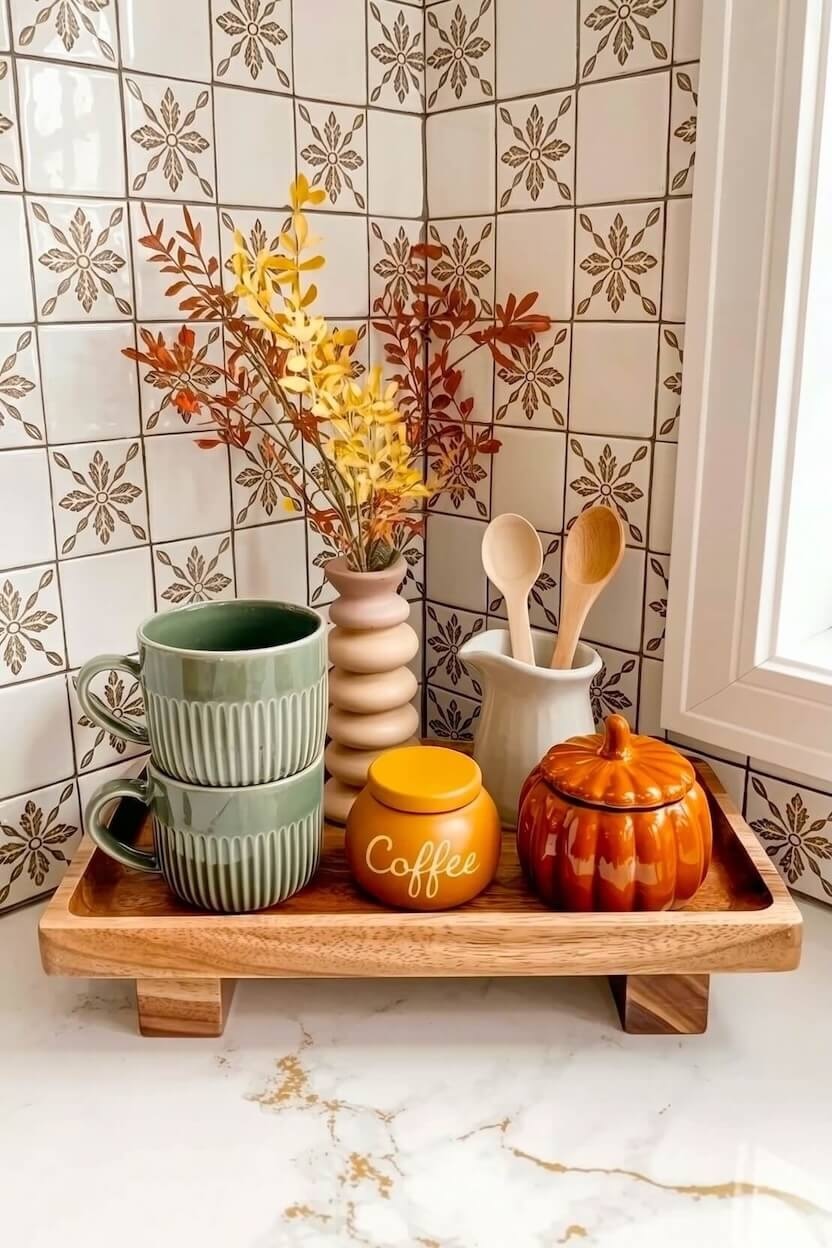 A wooden footed tray organizes stacked sage green ribbed mugs, an orange ceramic coffee canister, and a small pumpkin for cozy fall coffee cart designs.