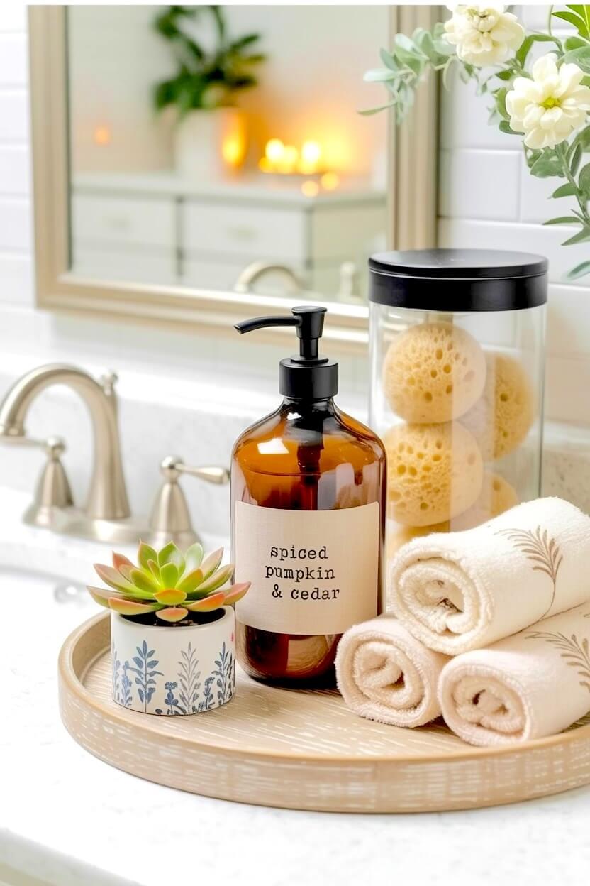A wood tray holds a brown soap bottle next to rolled beige towels, a small succulent pot, and yellow bath sponges for a warm fall countertop arrangement.