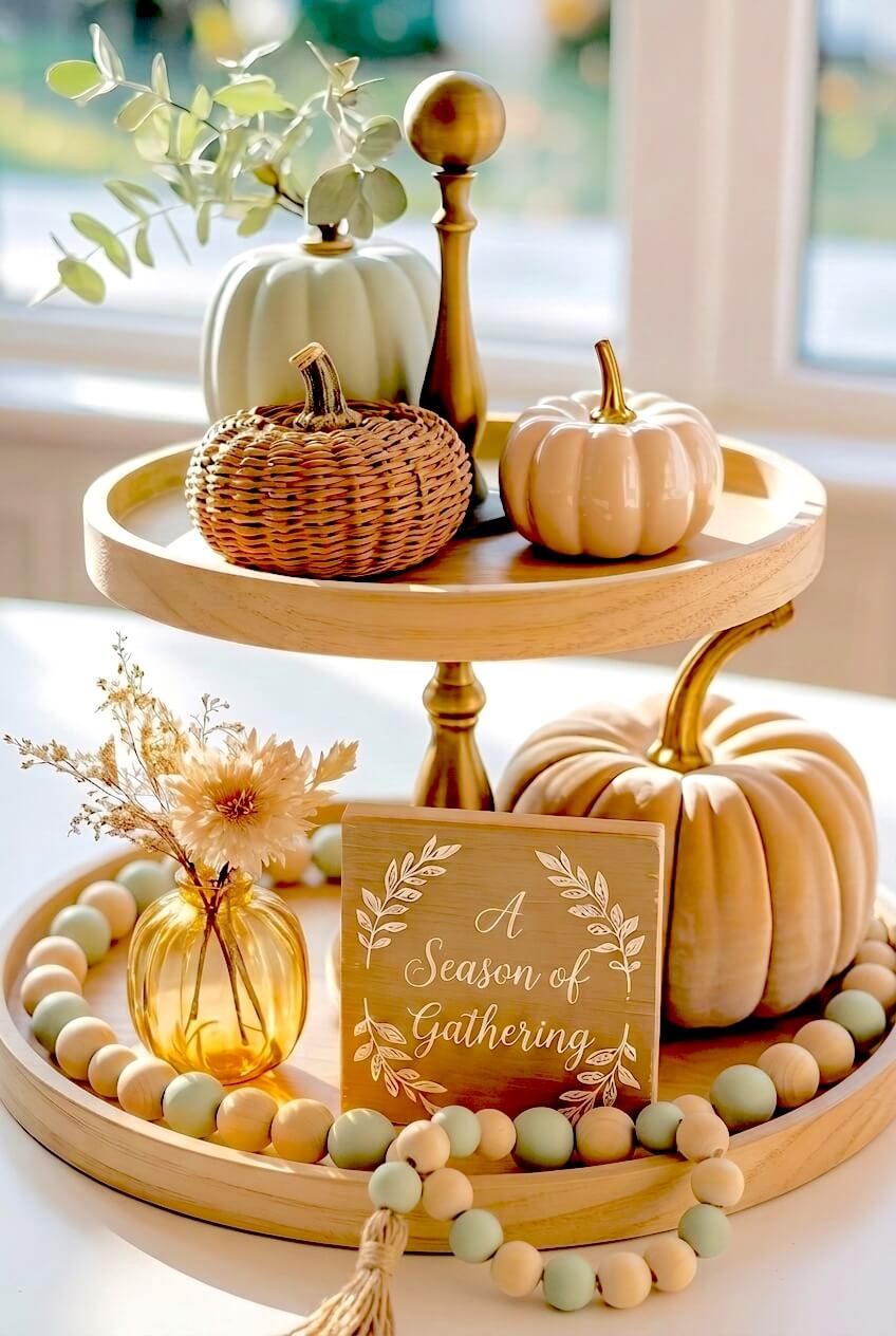 Two tier wooden stand decorated with woven wicker pumpkins soft green wooden bead garland and a small square wooden sign for modern farmhouse autumn aesthetics.