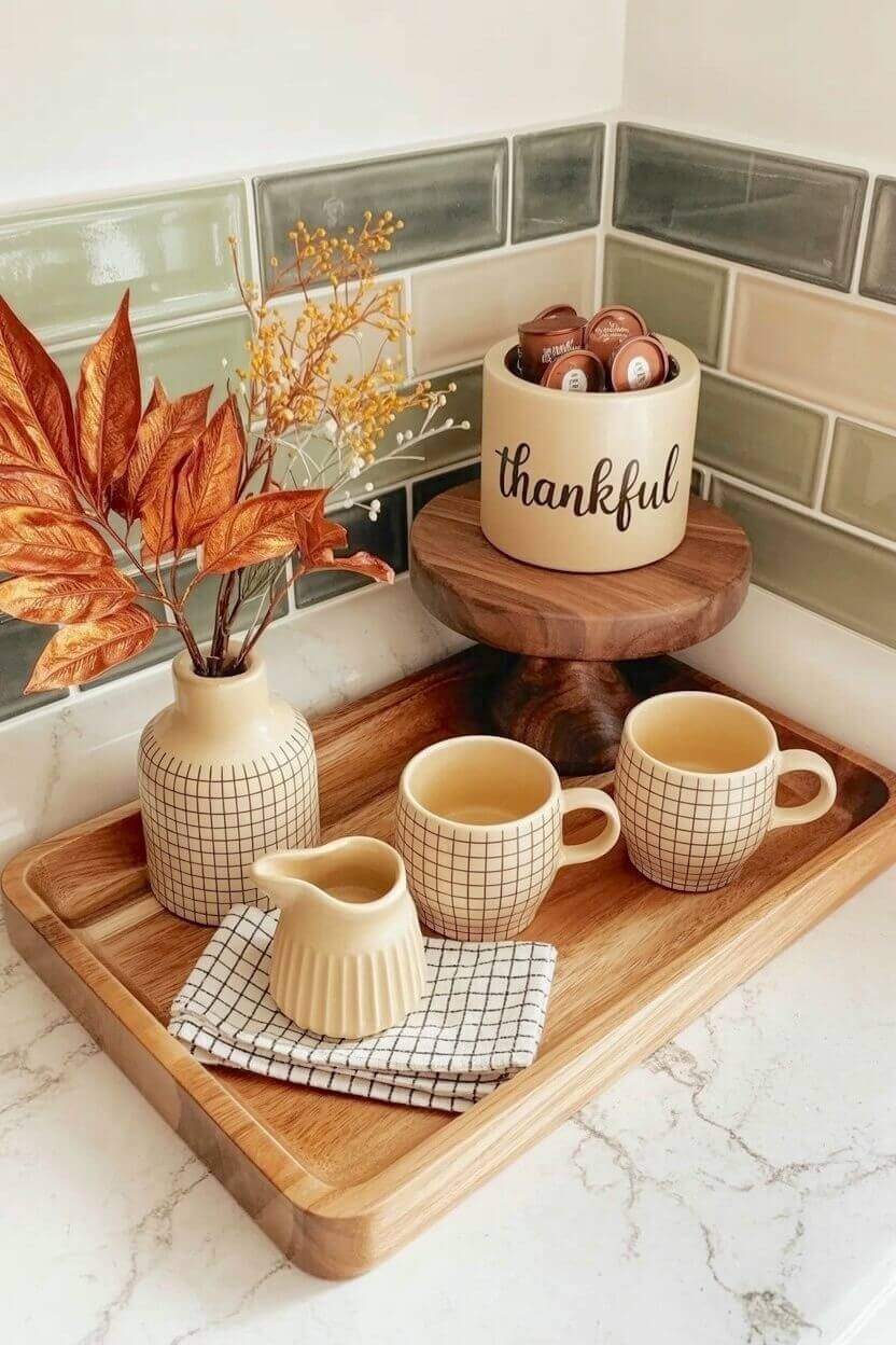A large wooden tray holds geometric grid pattern ceramic mugs alongside a wooden pedestal displaying a thankful jar for autumn morning coffee station decor.