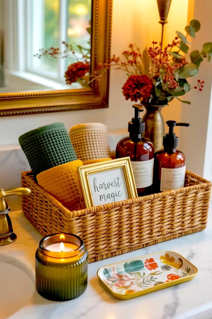 A woven rectangular basket stores green and yellow towels with two brown soap pumps and a gold harvest sign for an organized autumn bathroom counter setup.